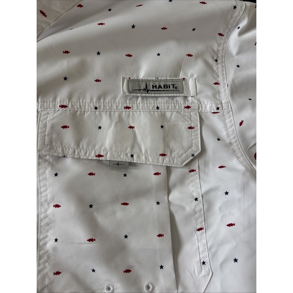 Habit Shirt Mens Large White Red Blue Fish Star Short Sleeve Solar Factor July - Picture 2 of 6